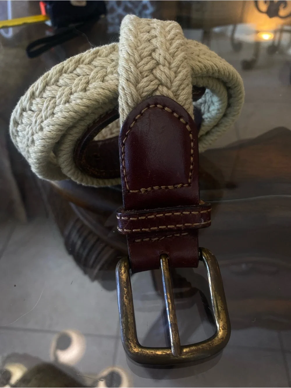 Cream Braided Cotton Belt with Brown Leather Trim